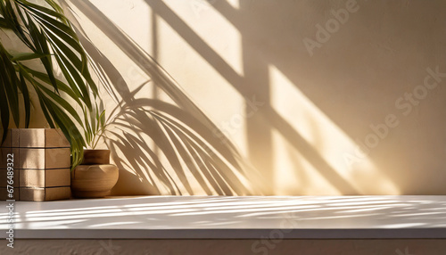 minimalistic abstract gentle light beige background for product presentation with light andand intricate shadow from the window and vegetation on wall