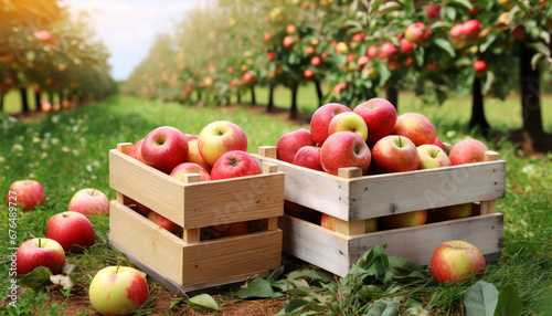 ripe organic apples in a wooden boxes on the background of an apple orchard