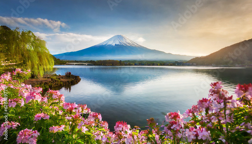 the breathtaking mount fuji stands majestically over a serene lake surrounded by vibrant flowers and lush trees