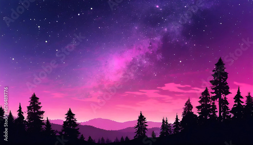 aesthetic gradient cosmic violet and pink starry sky with silhouette forest trees landscape phone hd wallpaper ai generated © William