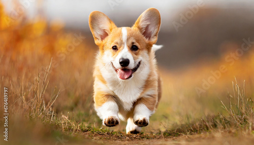 banner with cute small welsh corgi pembroke puppy running outdoor in autumn field happy smiling dog funny pet