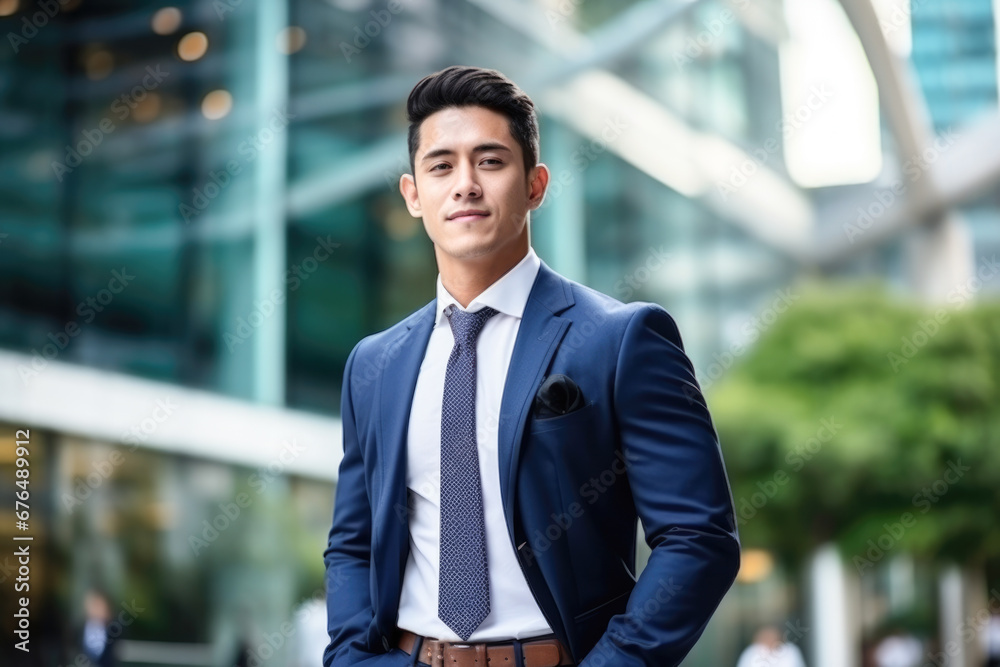 Wealthy attractive happy young male executive smiling looking away posing in downtown Hongkong. Wealthy attractive happy young male executive smiling looking away posing in downtown Hongkong.