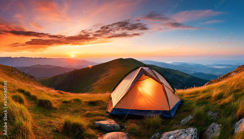 a panoramic view of a tent pitched on a mountain peak during a summer adventure with the breathtaking sunset coloring the sky in warm hues