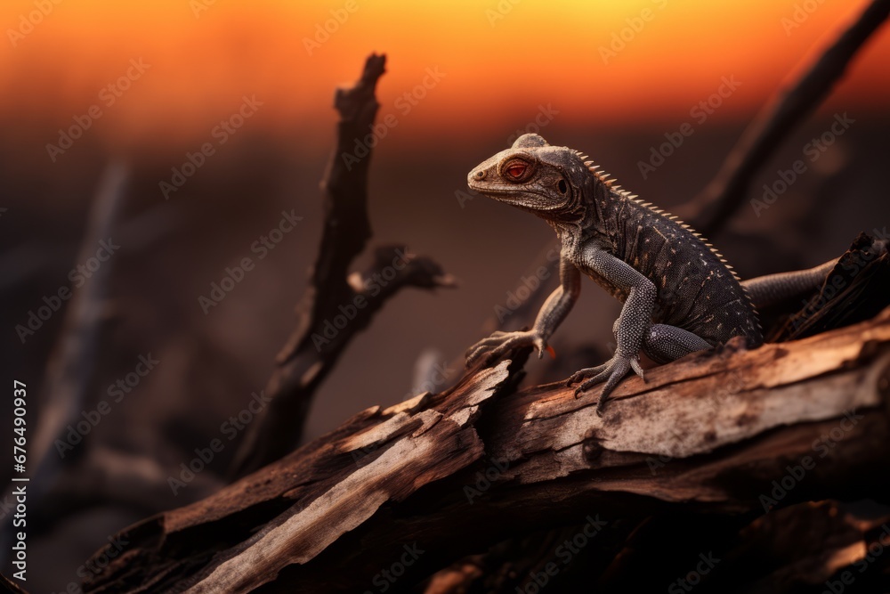Fototapeta premium Lizard on the background of sunset close-up