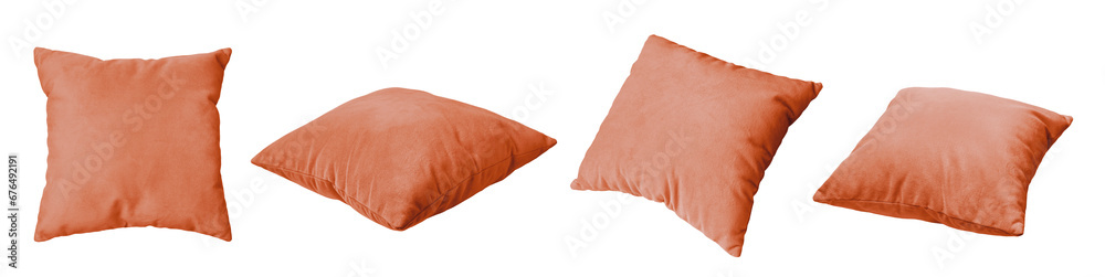 Decorative orange rectangular pillow isolated on white, transparent background, PNG. Set of different angles of cushion for home interior decor, pillowcase mockup, template for design.