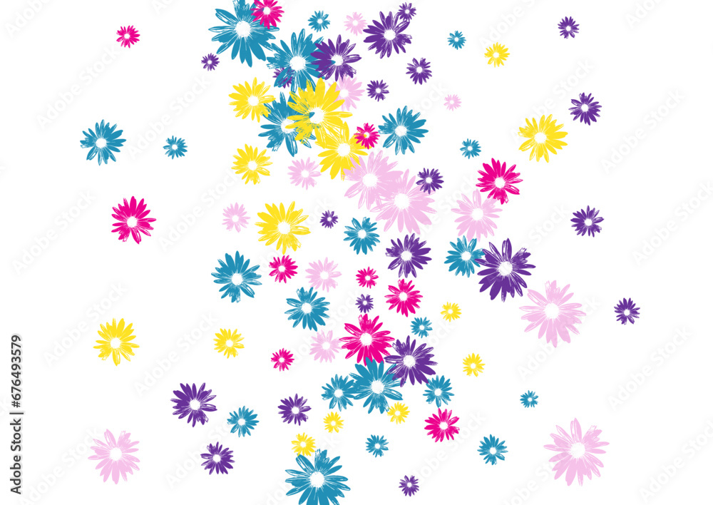 Yellow Chamomile Background White Vector. Gerbera Wild Backdrop. Color Daisy Simple. Beauty Design. Tiny Violet Floral.
