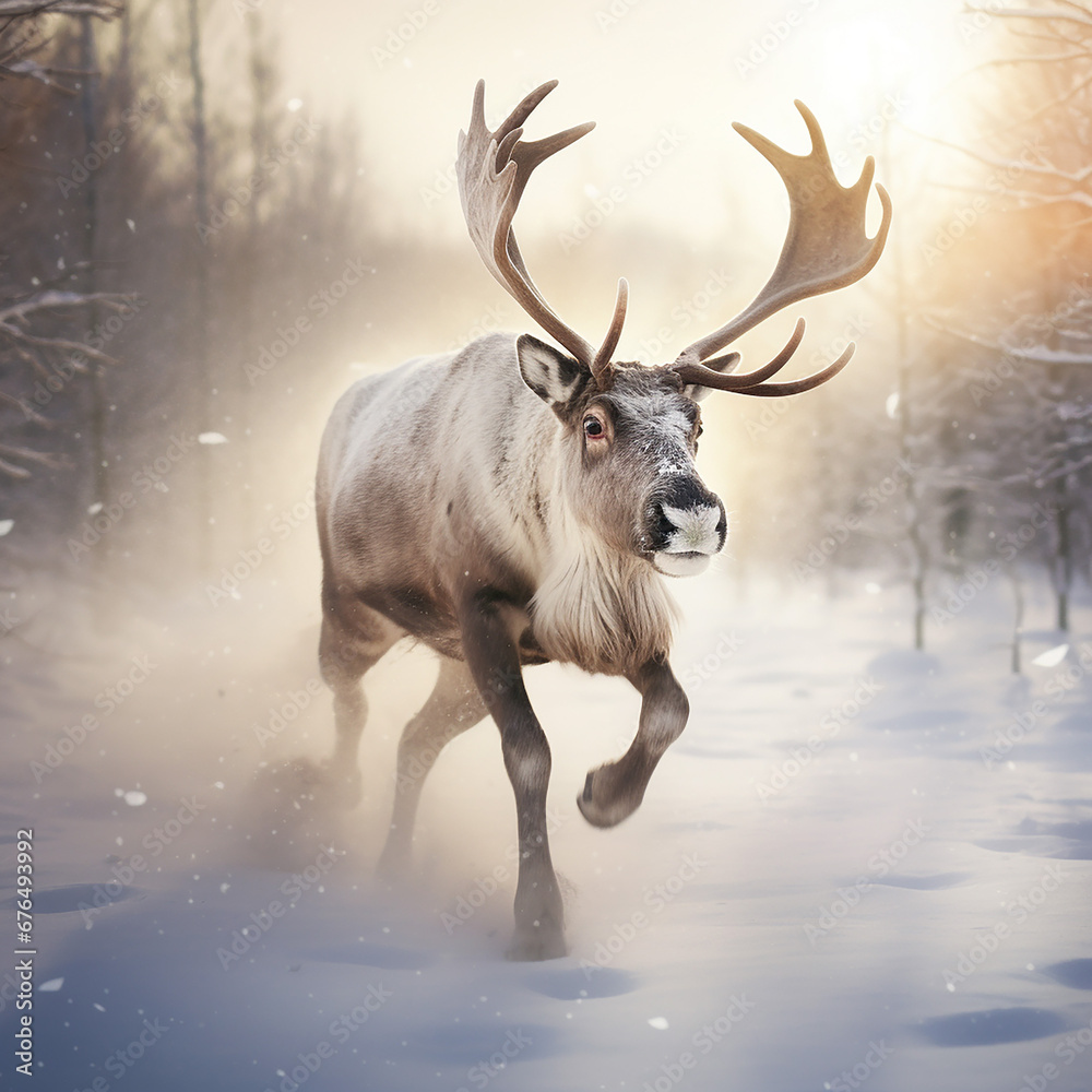 Beautiful deer on the snowy ground in the winter forest Beautiful deer on the snowy ground in the winter forest