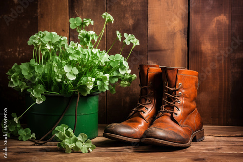 Leprechaun shoes and shamrocks on a rustic wooden background, portraying Irish folklore, creativity with copy space