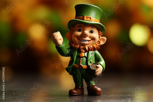 A leprechaun figurine with a "Luck of the Irish" sign, symbolizing Irish folklore, creativity with copy space