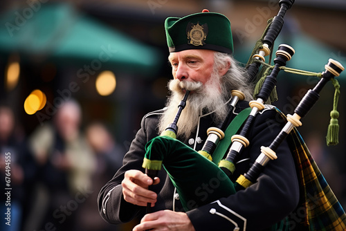 A close-up of a bagpipe player at a St. Patrick's Day event, showcasing traditional music, creativity with copy space