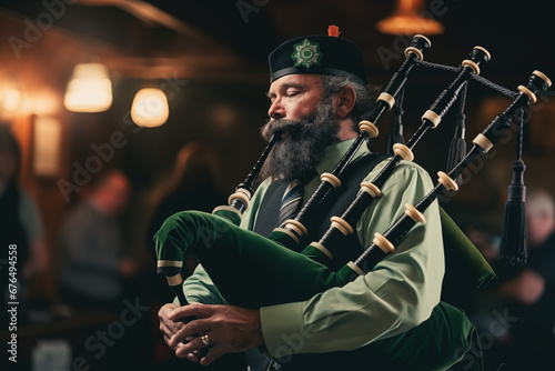 A close-up of a bagpipe player at a St. Patrick's Day event, showcasing traditional music, creativity with copy space