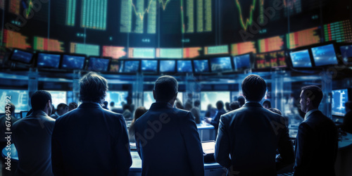 Businessmen watching the large stock exchange monitor Stock Exchange, back view. AI generative