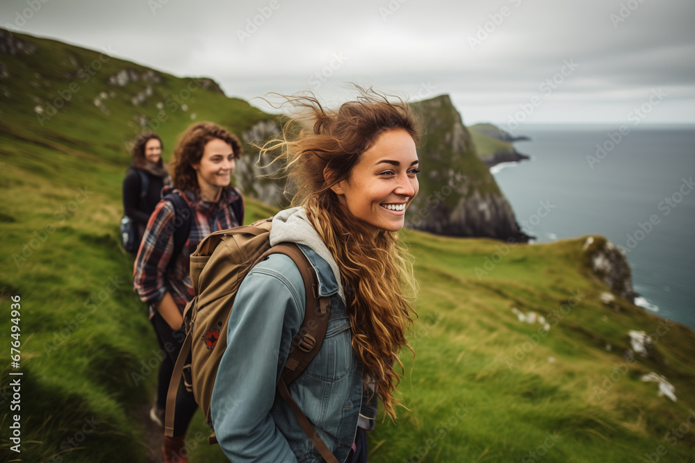 Friends taking a scenic hike in an Irish landscape, portraying nature and adventure, creativity with copy space