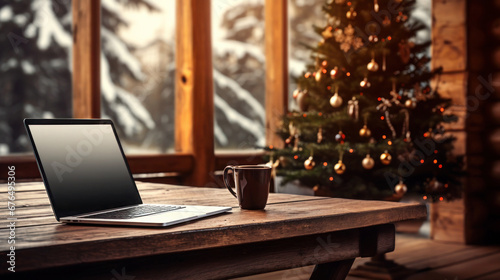 Laptop computer on wooden table with a cup of coffee and Christmas tree against the background of snowy landscape outside the window
