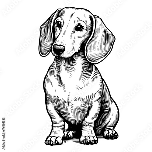 Full-length portrait of a sitting Dachshund. Vector illustration isolated on white. Engraving vintage style illustration for print, tattoo, t-shirt, coloring book