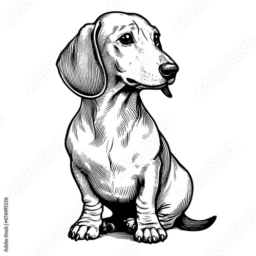 Full-length portrait of a sitting Dachshund dog. Vector illustration isolated on white. Engraving vintage style illustration for print, tattoo, t-shirt, sticker