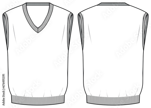 Sleeveless Sweater vest design flat sketch Illustration, sweater with front and back view, winter wear for Men and women. for hiker, outerwear and workout in winter photo