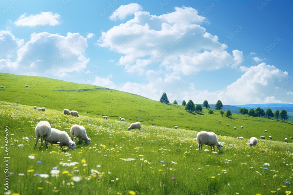 Fototapeta premium Meadow with sheep and flowering grass