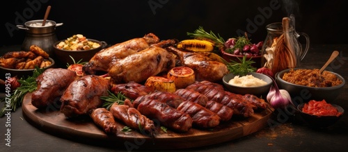 I grilled a variety of meats including pork sausages and roasted chicken for a delicious barbecue meal that we enjoyed for lunch accompanied by baked dishes and fried food