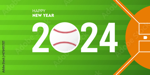 Creative 2024 happy new year celebration greeting card and social media post or banner design template in baseball or softball concept. 