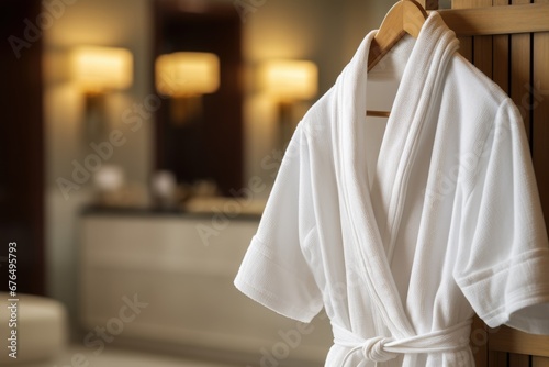 Close up of soft terry cloth spa bathrobe on the hanger © Lazylizard