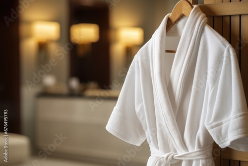 Close up of soft terry cloth spa bathrobe on the hanger