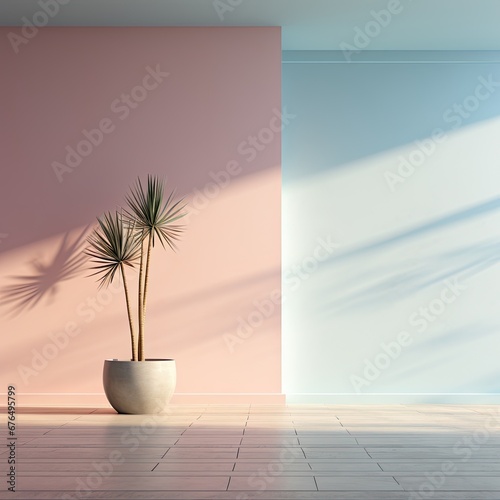 minimalistic interior with pink-blue wall, beautiful colors and shadows
