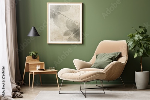 Modern pastel colors armchair in the contemporary livining room interior with copy space