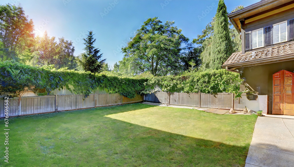 Green large fenced backyard with trees