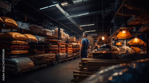 Worker working in a warehouse. Logistics employer management in a large distribution centre.