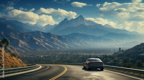 A modern car travels on a curvy road toward a range of sharp, dramatic mountains, with a cityscape nestled in the valley and a clear blue sky above.