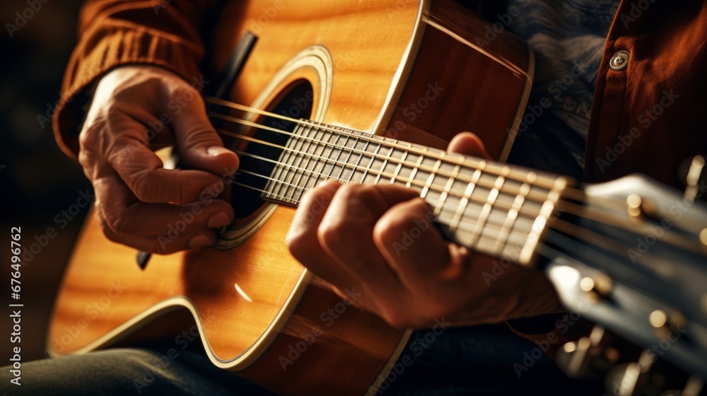 Obraz premium Guitarist's Fingers Strumming Strings