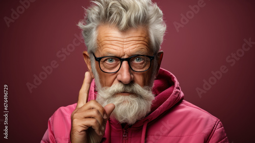 Senior man with grey beard and eyeglasses on pink background show attention finger.