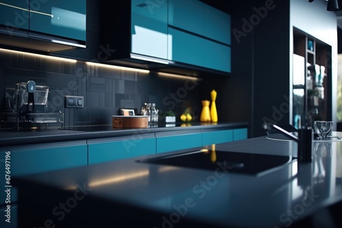 Details of a moden designer kitchen with black countertop. Home interior design ideas photo