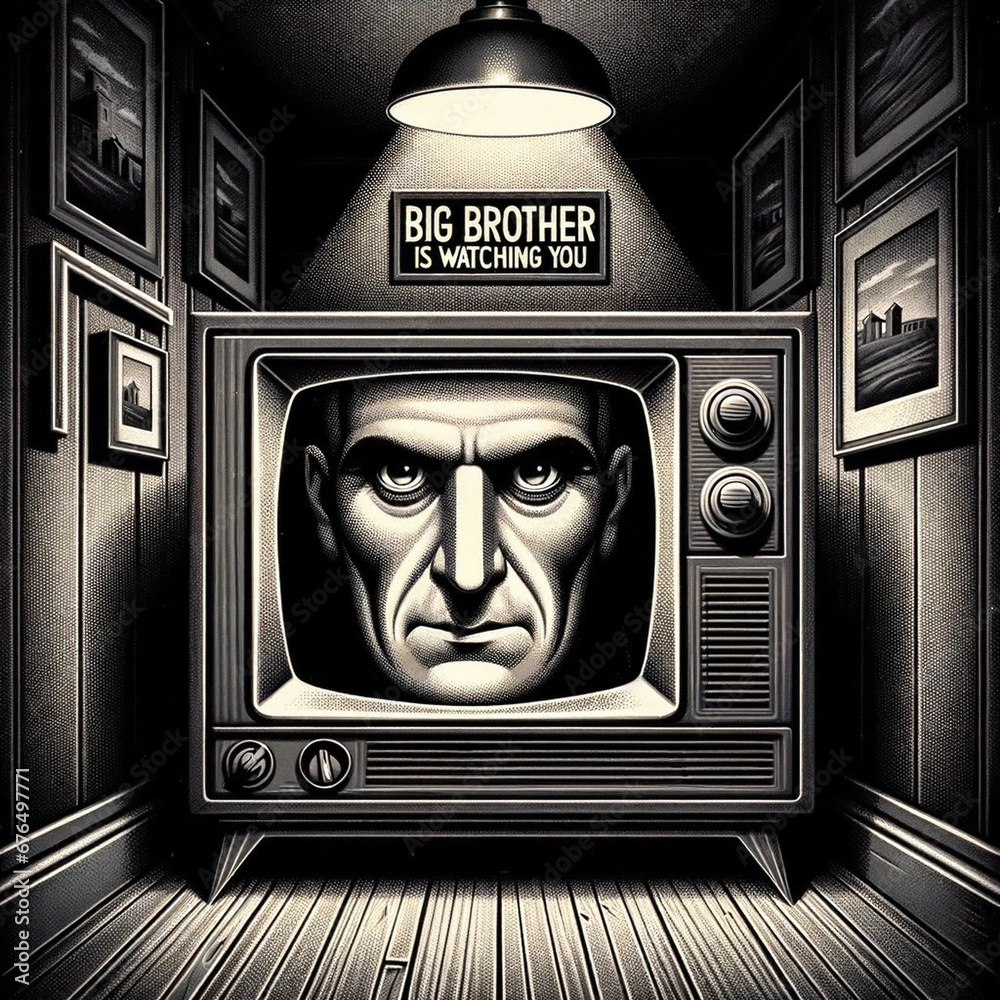 Charcoal Drawing of a TV with Big Brother Inside, Symbolizing Surveillance Society - AI-generated Image - obrazy, fototapety, plakaty 