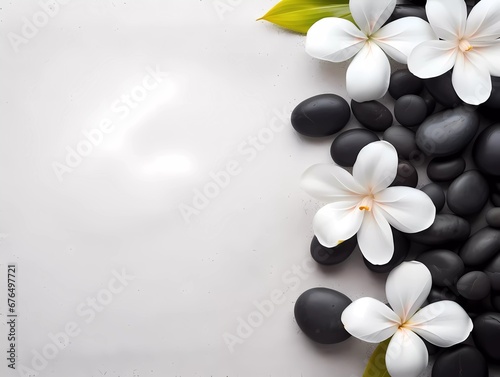 SPA smooth black stones on a white sand and beautiful flowers background. Copy space for text, banner.
