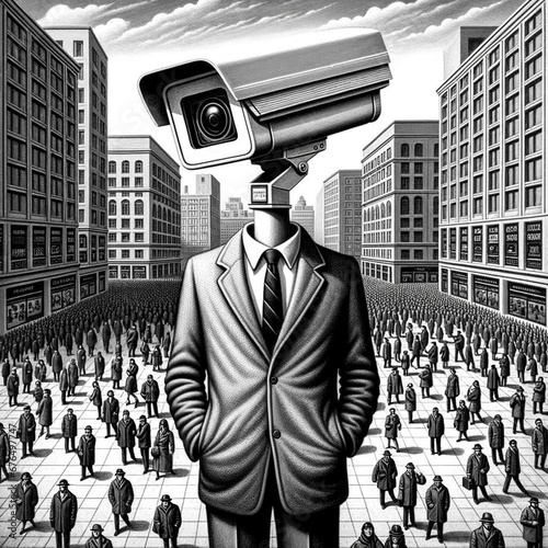 Surveillance Society Concept: CCTV Camera-Headed Man. Generative ai.