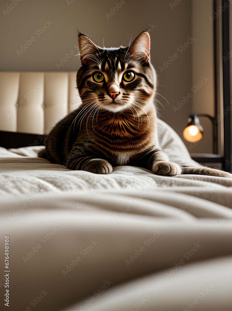 Detailed cat closeup over cozy bed.