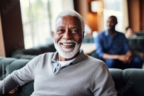 Old male friends of different races laugh remembering times and events sitting on couch in living room of apartment. Positive emotions and lifelong friendship. Laughing at joke with acquaintances