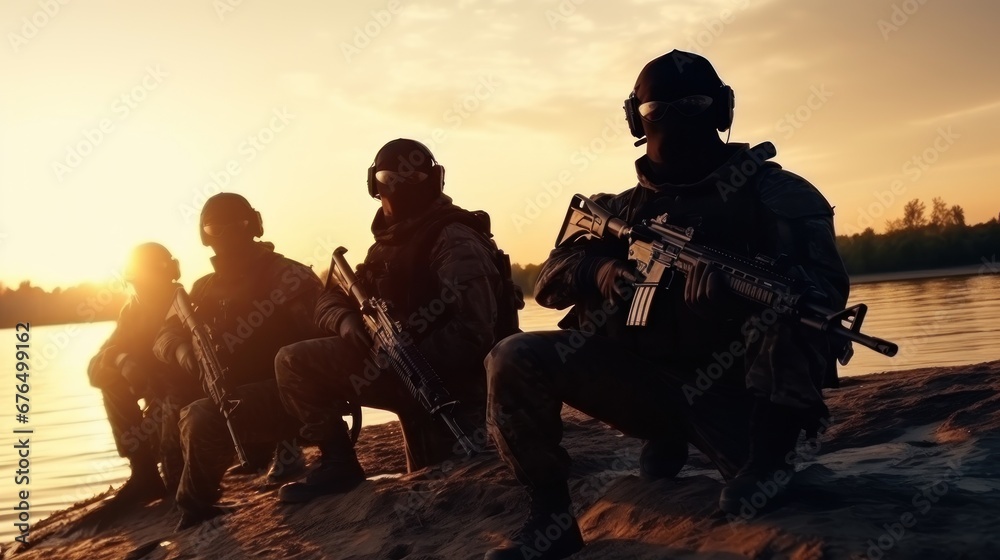 A group of soldiers with full training and equipment goes to the appointed place to meet the troops at sunset in the evening twilight. Military special unit and service to country.