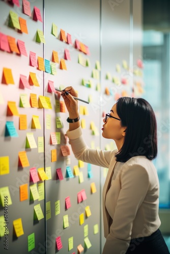 Woman organizer attaches colorful sticky notes to white board. Life hack for easy memorization and reminders of important things in visible place in office. Organization of space and clear schedule