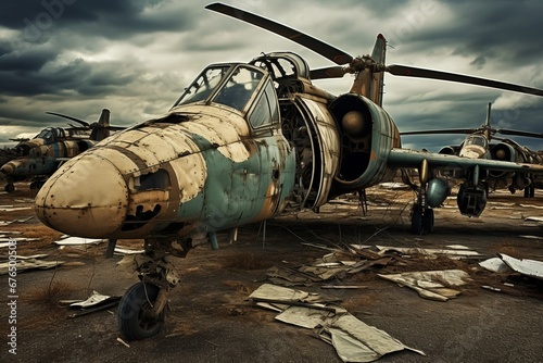 Deserted military aircraft scattered across an abandoned airfield, their once sleek frames now weathered and worn photo
