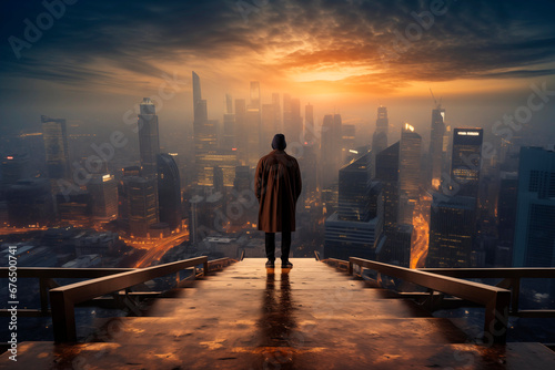 A man on the background of the city with the reflection of an explosion in the night sky. The concept of the end of the world
