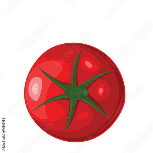 Tomato vector illustration. Cartoon isolated top view of one red ripe tomato with green leaf and stem, natural small sweet cherry fruit for cooking healthy summer salad, organic vegetarian tomato