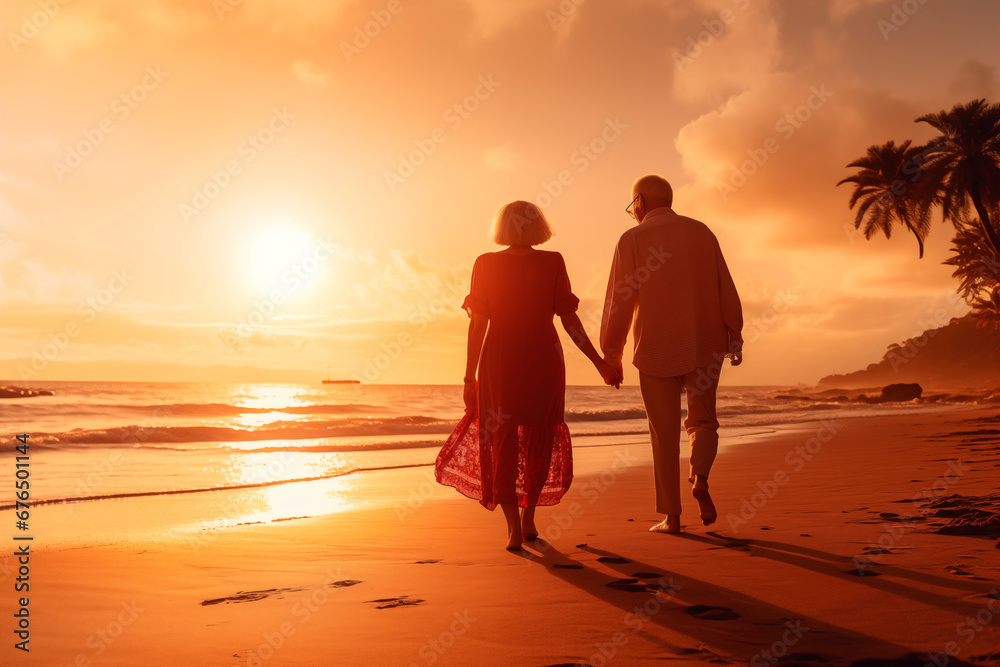 An elderly couple enjoys an evening walk along the seashore. Romantic scene. Sunset on a tropical island