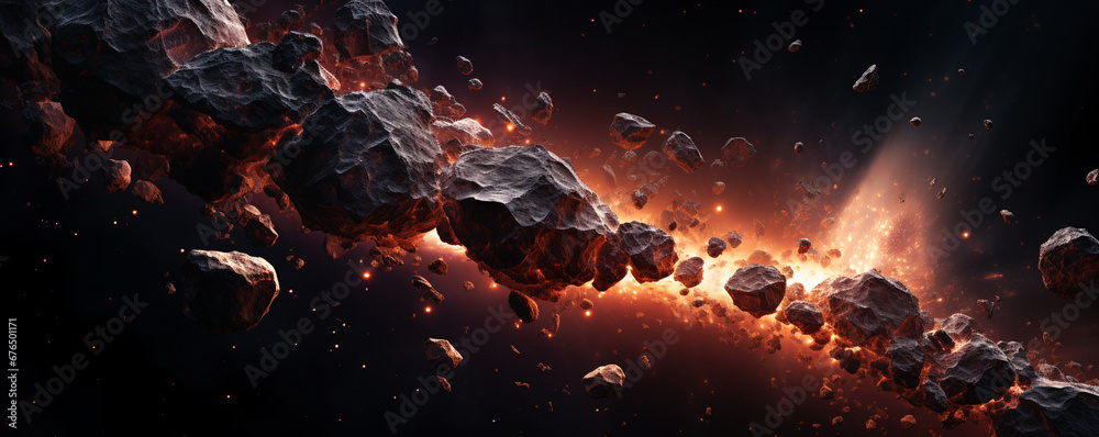 a fiery comet flies in outer space among pieces of meteorites. ai generative - obrazy, fototapety, plakaty 