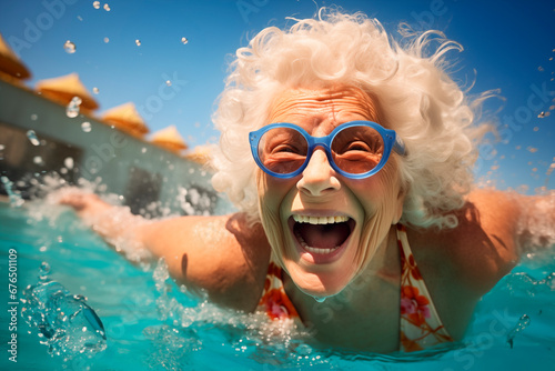 Happy elderly woman on vacation. Active movement in the pool