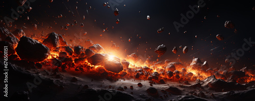 a fiery comet flies in outer space among pieces of meteorites. ai generative photo