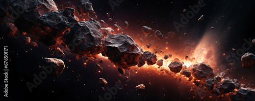a fiery comet flies in outer space among pieces of meteorites. ai generative