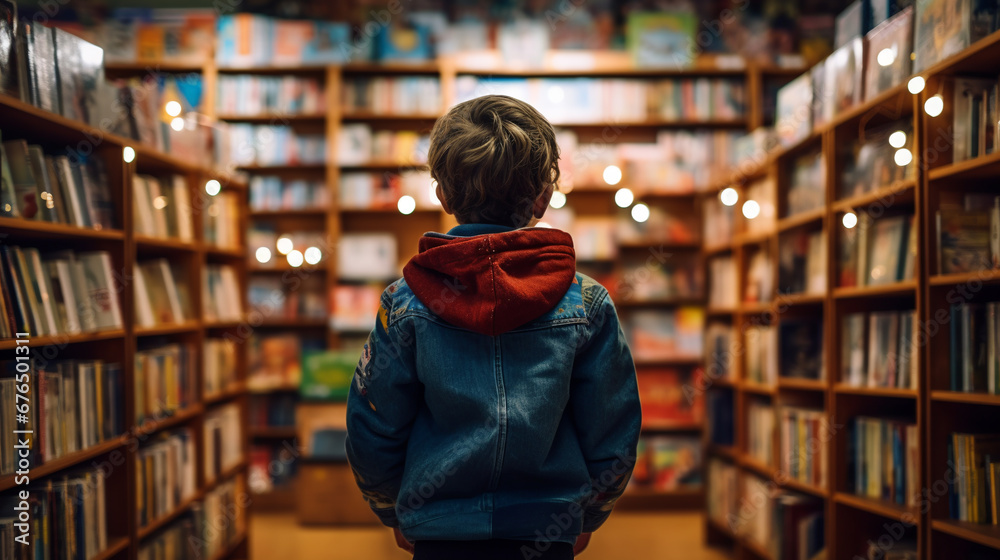 A child among the library shelves. ai generative A child among the library shelves. ai generative